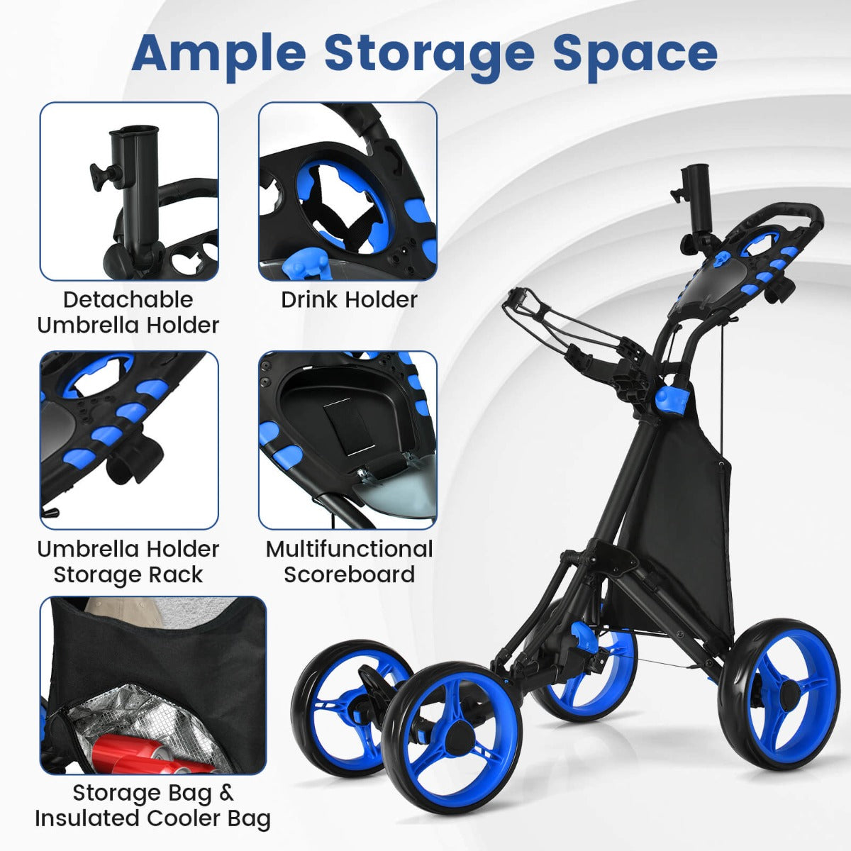 Blue 4 Wheel Golf Push Cart | Aluminum Frame | Cooler Storage