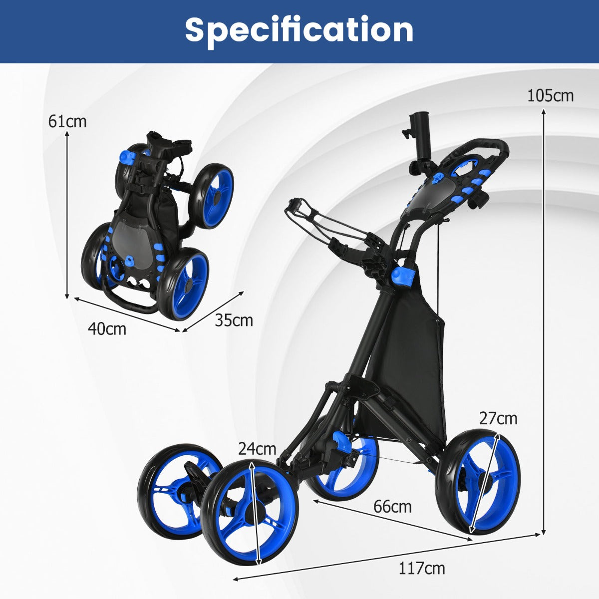Blue 4 Wheel Golf Push Cart | Aluminum Frame | Cooler Storage