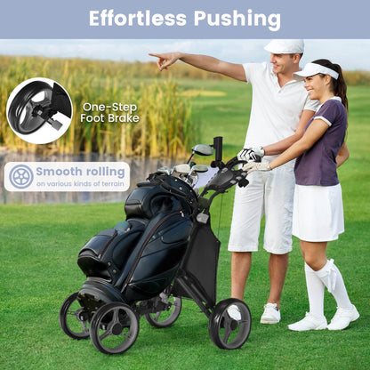 Folding 4 Wheel Golf Push Cart with Cooler Bag and Ample Storage Space-Grey