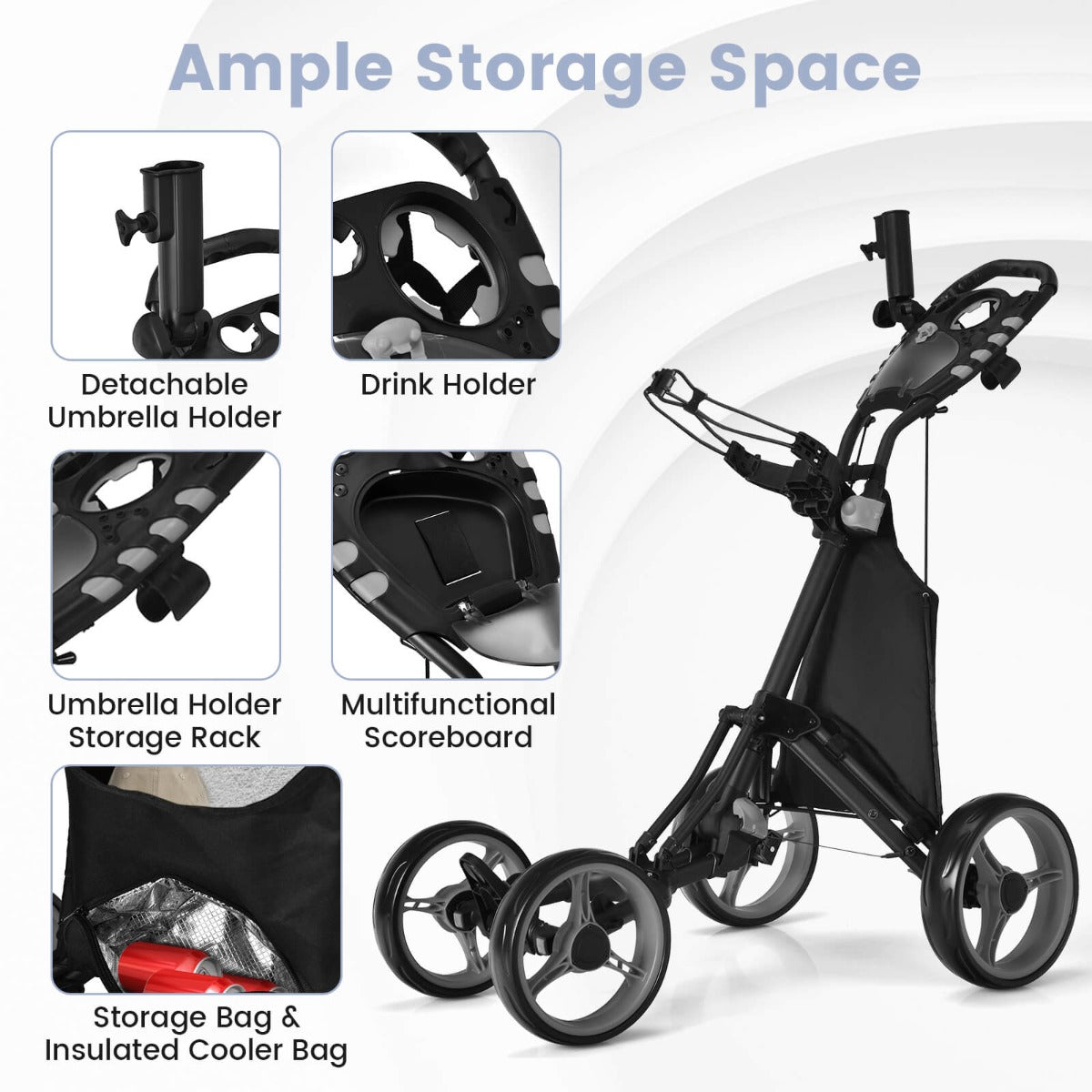 4 Wheel Golf Push Cart | Aluminum Frame Cooler Storage Grey