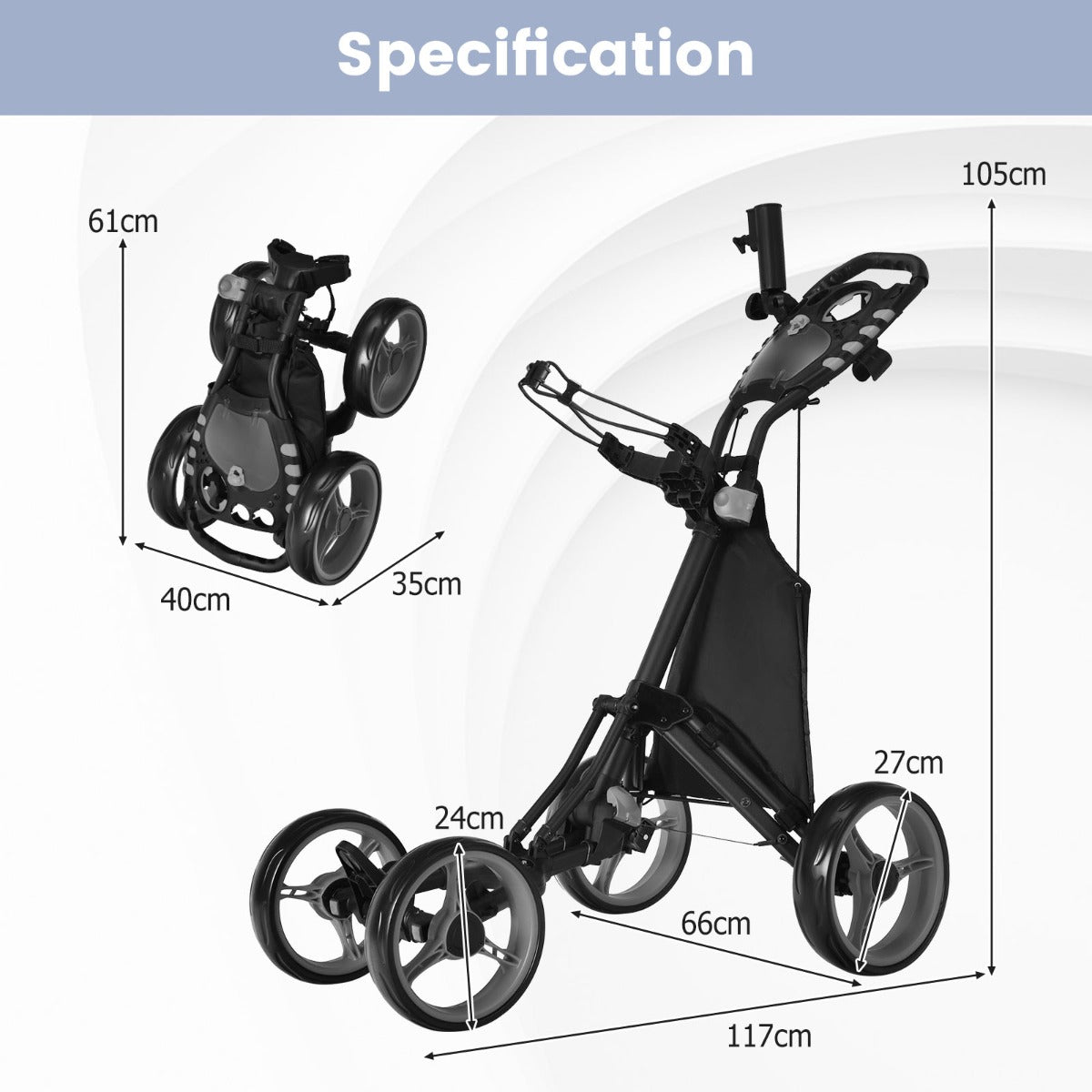 4 Wheel Golf Push Cart | Aluminum Frame Cooler Storage Grey