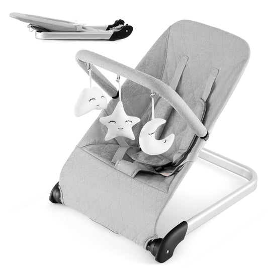 Grey Foldable Baby Rocker | Ergonomic Bouncer With Toy Bar