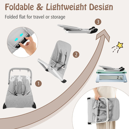 Grey Foldable Baby Rocker | Ergonomic Bouncer With Toy Bar