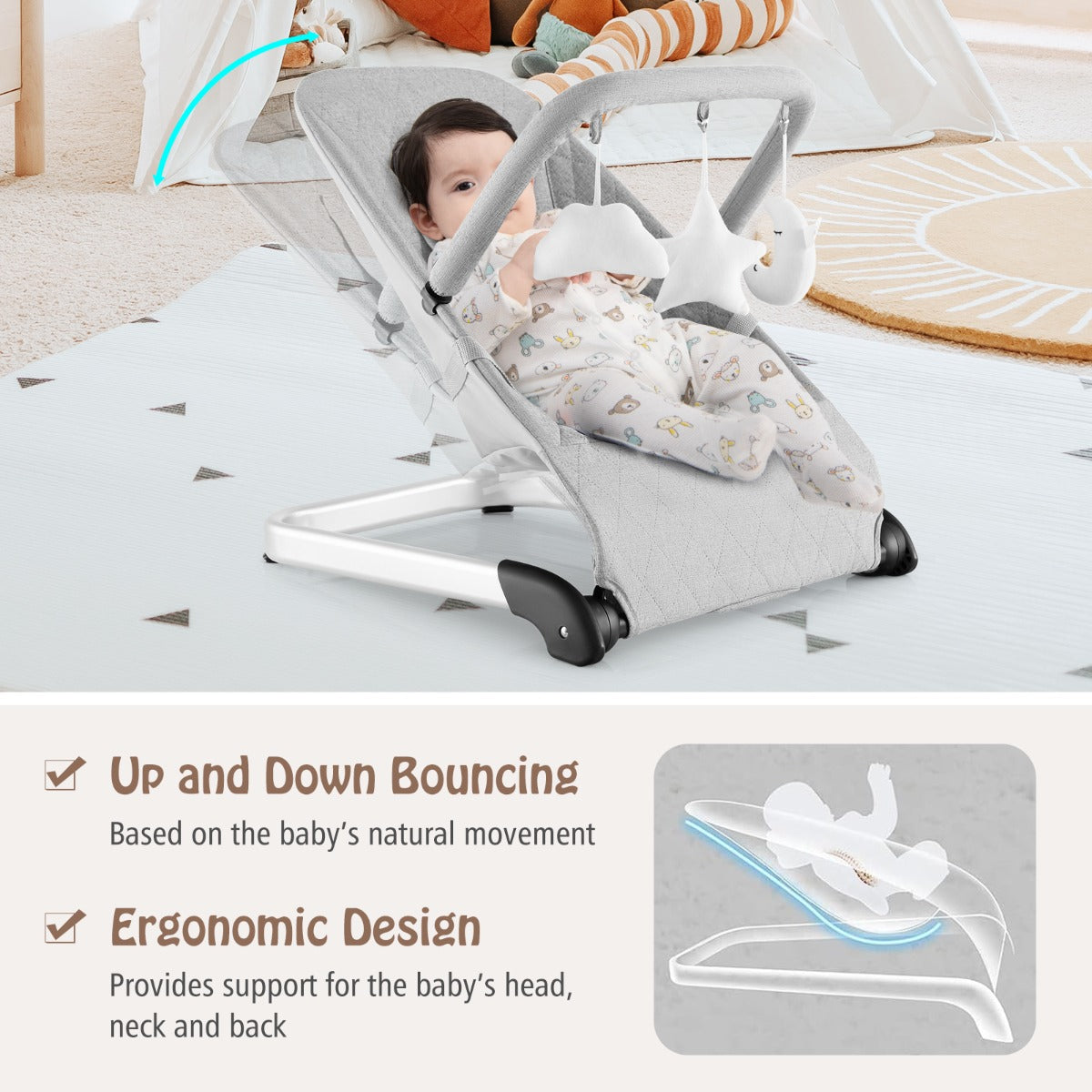Grey Foldable Baby Rocker | Ergonomic Bouncer With Toy Bar