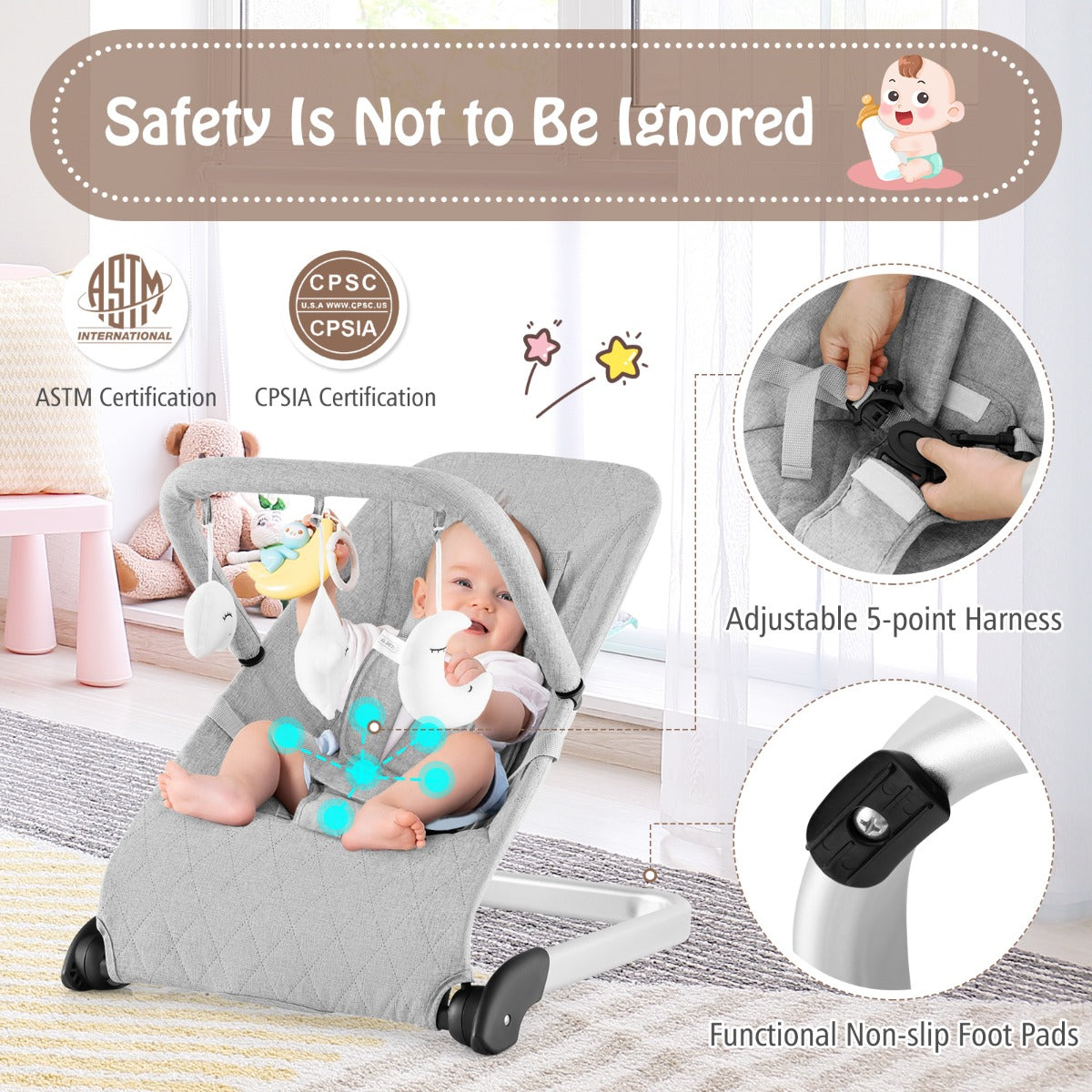 Grey Foldable Baby Rocker | Ergonomic Bouncer With Toy Bar
