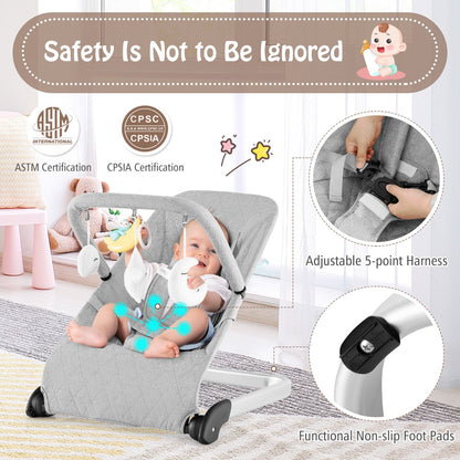 Grey Foldable Baby Rocker | Ergonomic Bouncer With Toy Bar