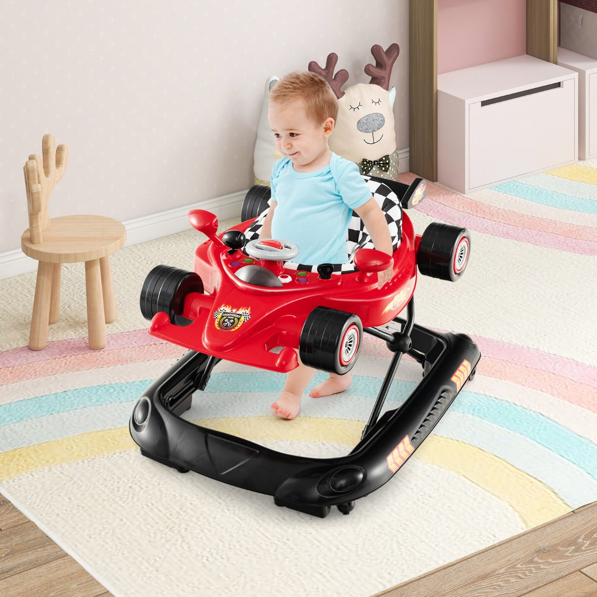 Interactive racing car design baby walker with adjustable heights and modes for 7-14 months.