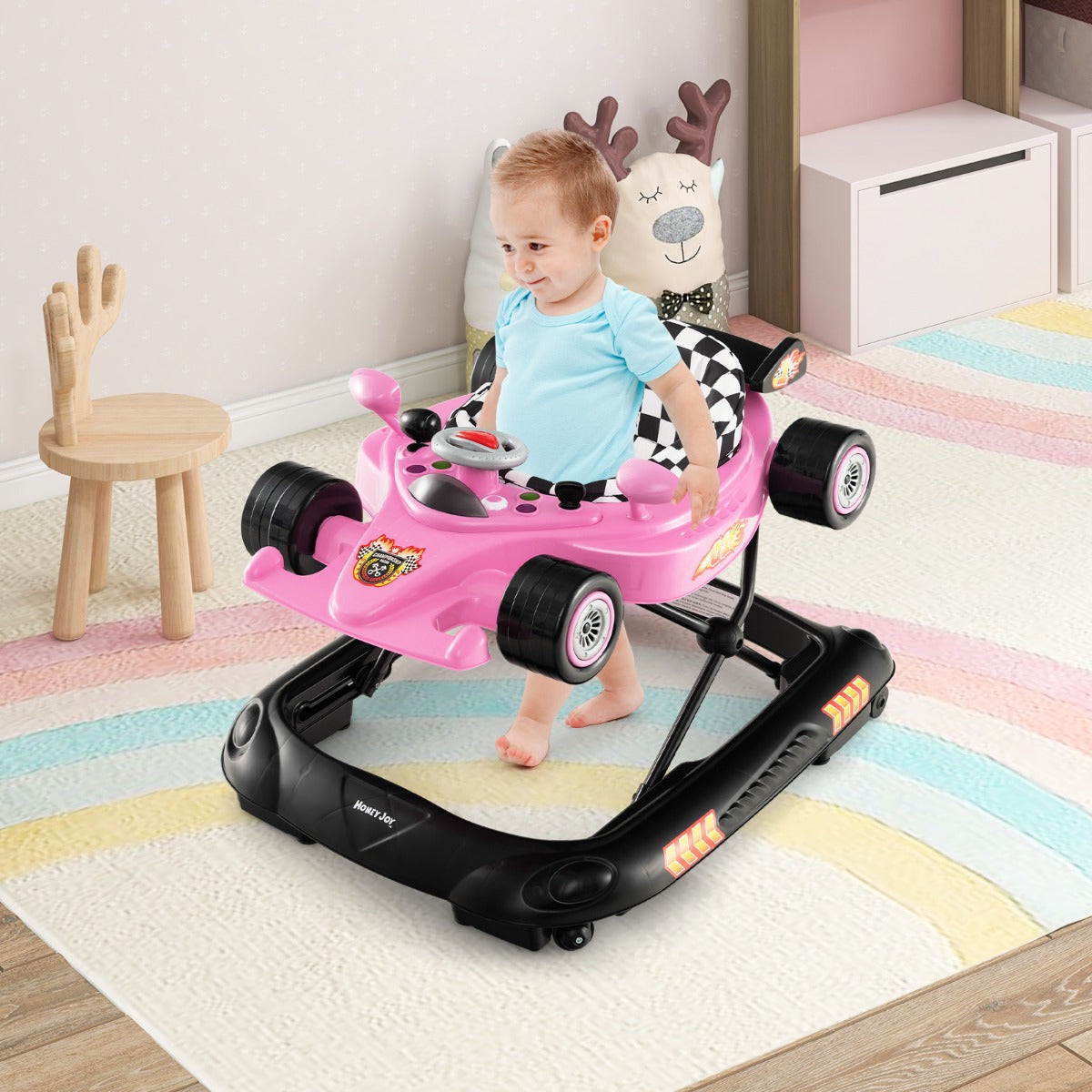 Interactive racing-themed pink baby walker for 7-14 months, adjustable for optimal support.