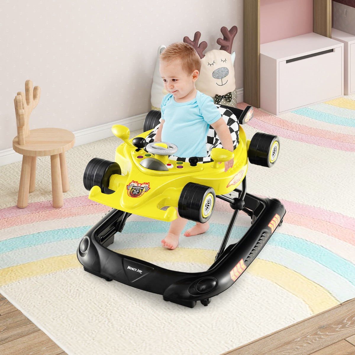 Interactive racing-themed baby walker folds for storage, adjusts height. Perfect for early childhood development.