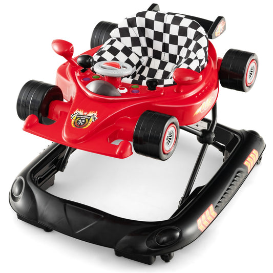 Interactive racing car baby walker with adjustable height, foldable design. Ages 7-14 months.