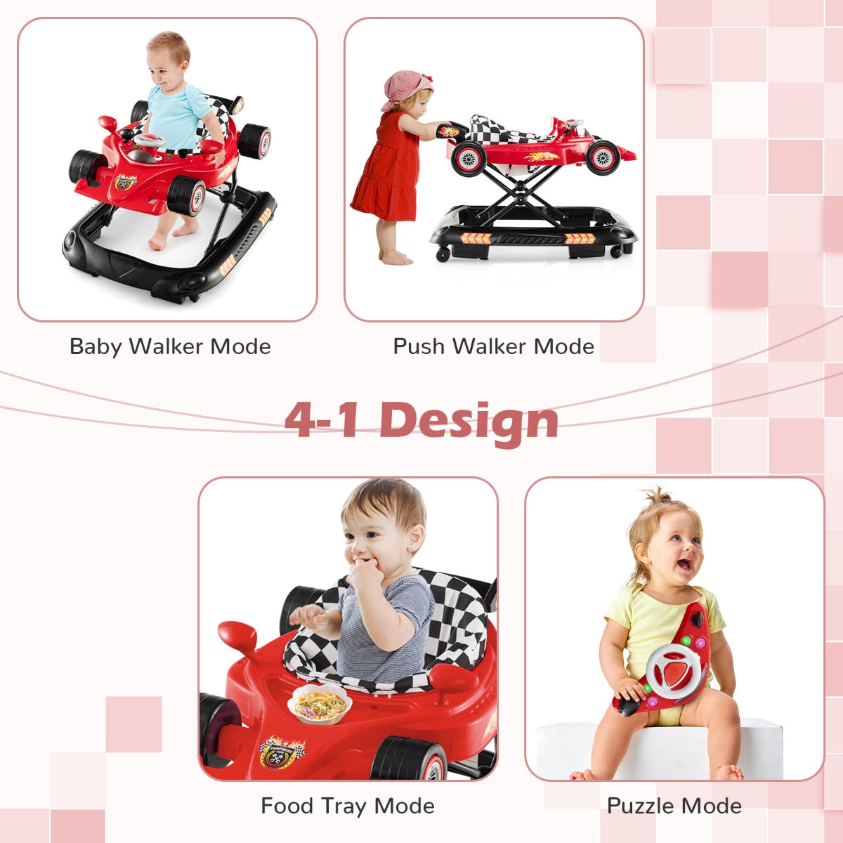 Interactive racing car design baby walker - foldable, adjustable, versatile for infants 7-14 months.