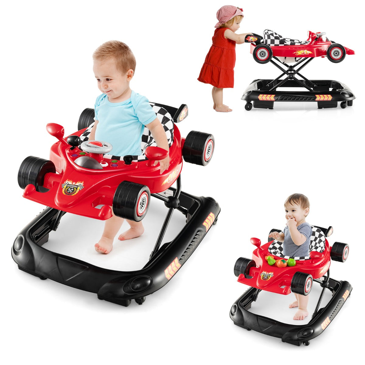 Foldable baby walker with racing car design, adjustable height; ideal for 7-14 months.