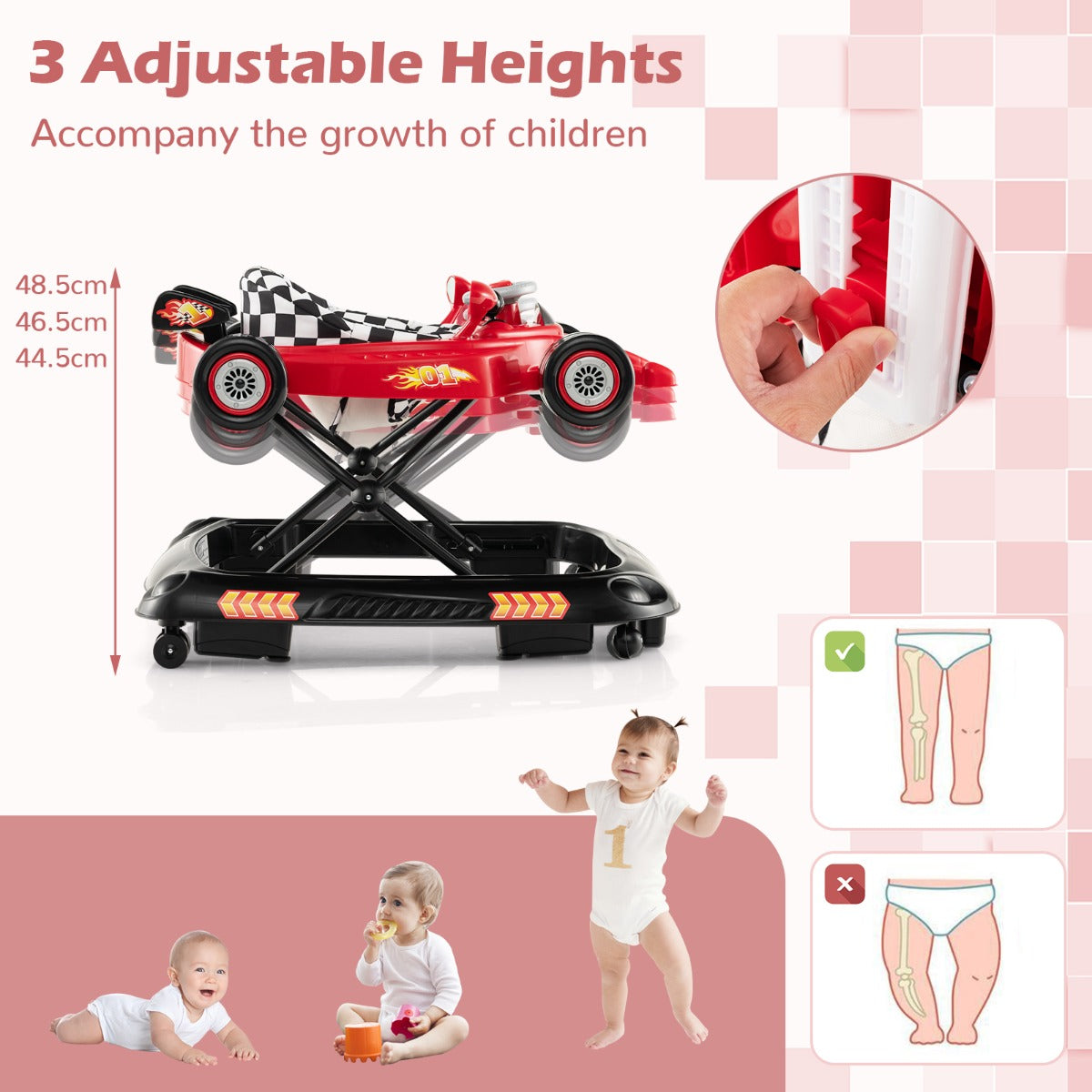 Interactive racing car baby walker with adjustable height settings for 7-14 months.