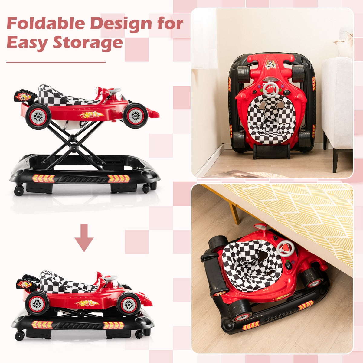 Interactive racing car baby walker with adjustable height, foldable design - fun for active toddlers.