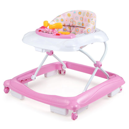 Foldable pink baby walker with adjustable heights, music tray, and lights for interactive play.