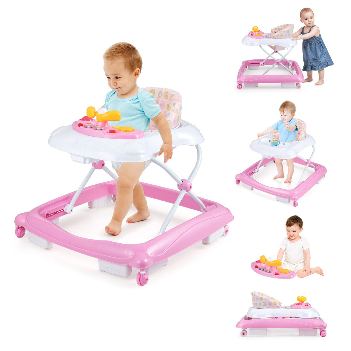 Pink foldable baby walker with adjustable heights, music tray, and lights for interactive play.