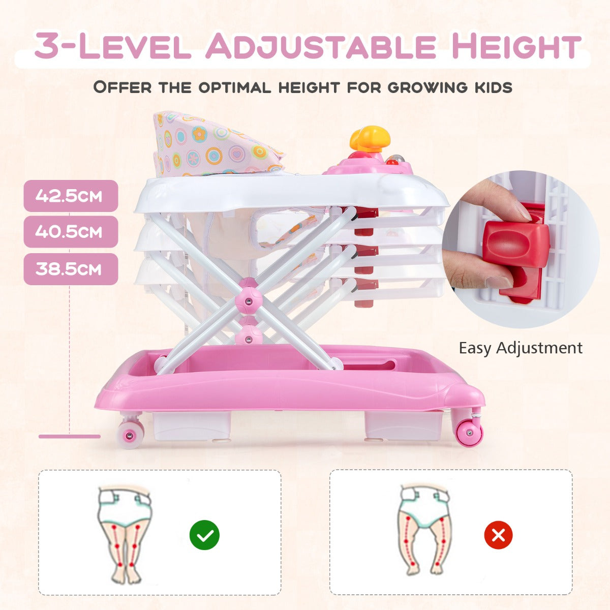 Pink foldable baby walker with adjustable heights, music tray and lights for babies learning to walk.