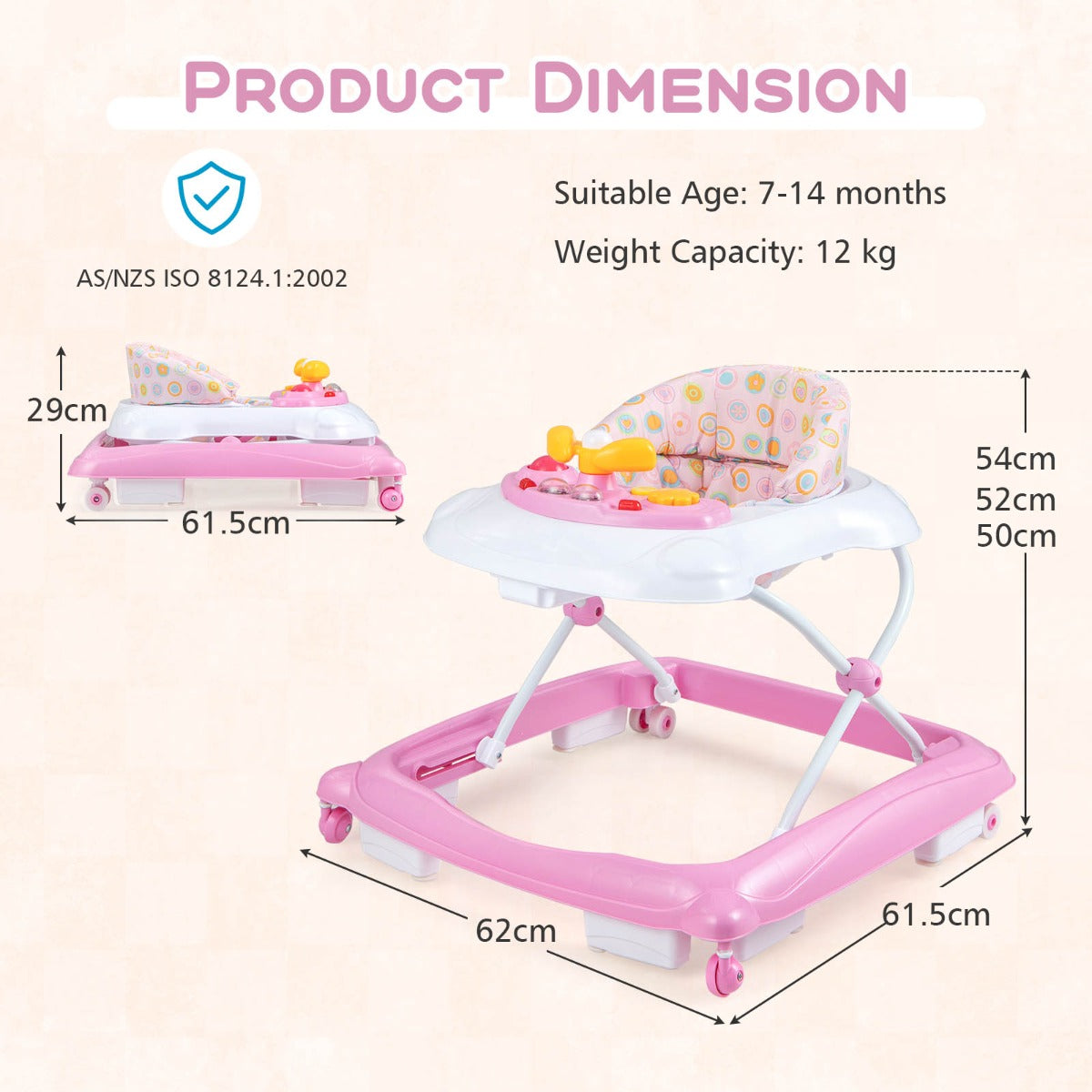 Foldable pink baby walker with adjustable heights, music tray, lights â€“ ideal for young toddlers.