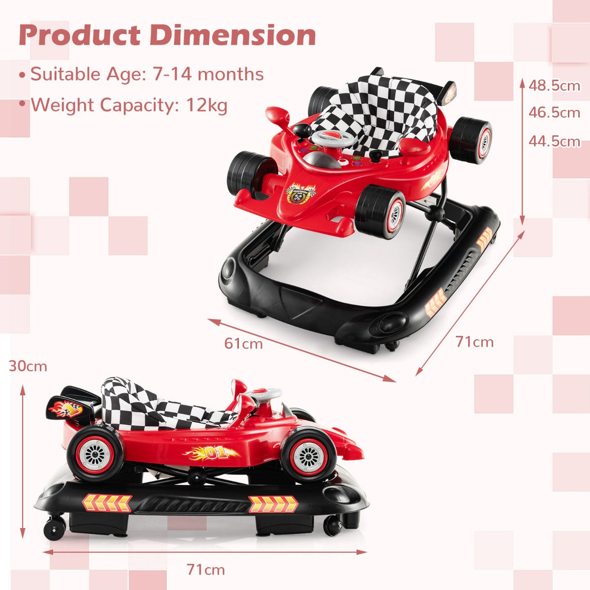 Interactive racing car design baby walker with adjustable height, foldable feature for home play.