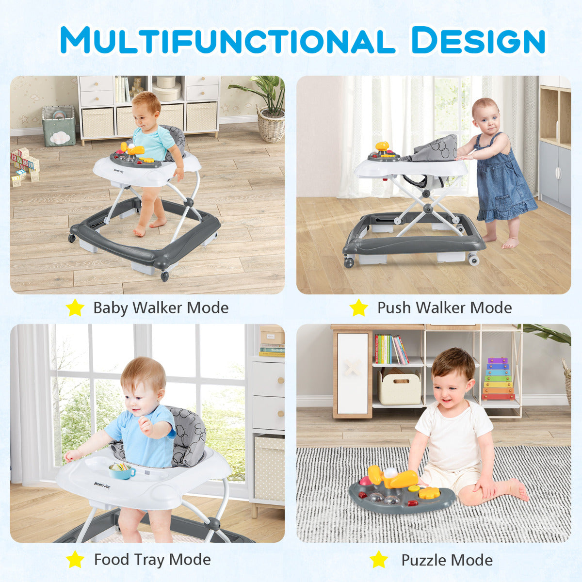 Adjustable Baby Walker | Music Tray & Lights | Grey Foldable