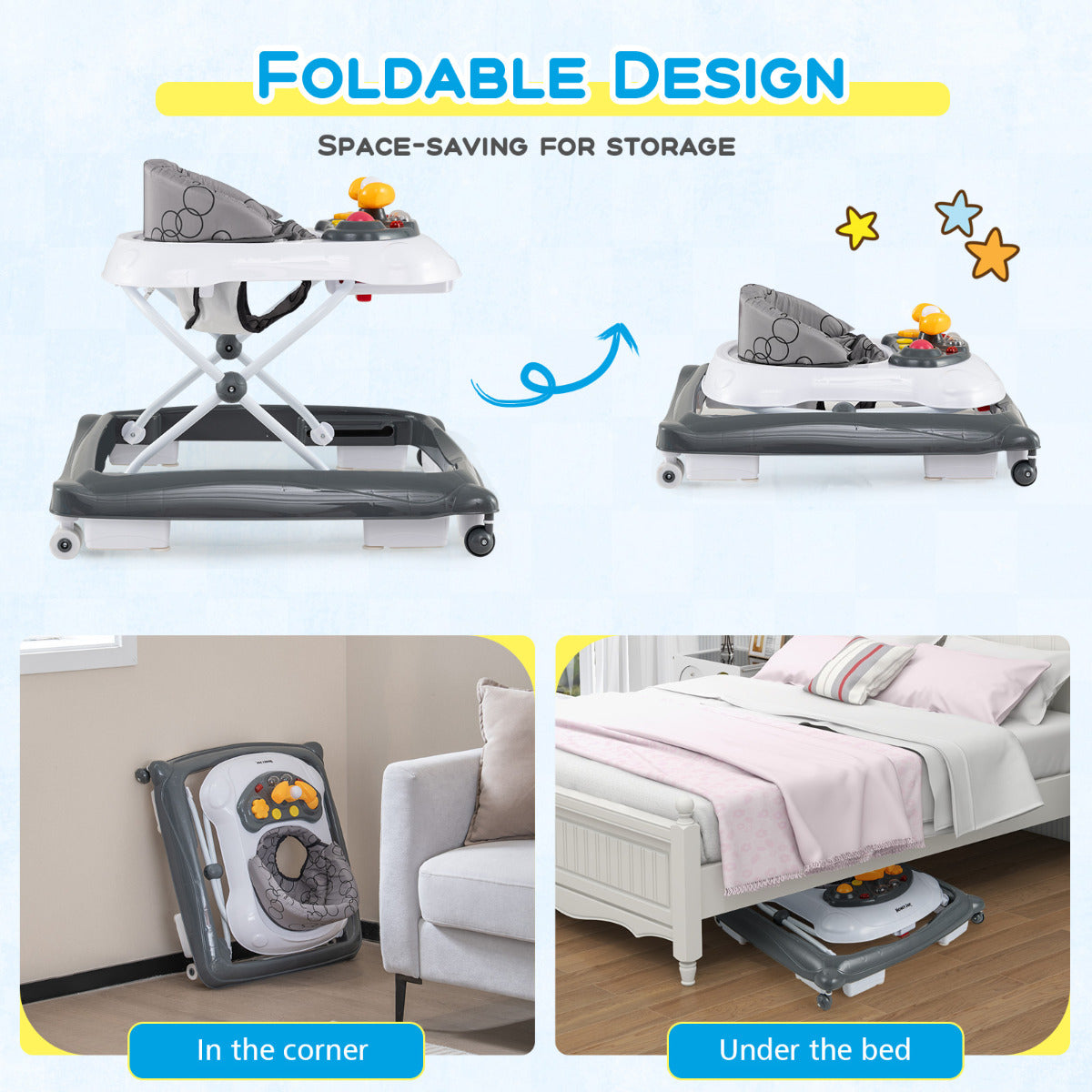 Adjustable Baby Walker | Music Tray & Lights | Grey Foldable