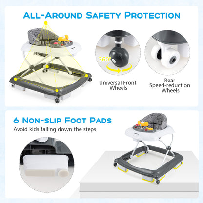 Adjustable Baby Walker | Music Tray & Lights | Grey Foldable