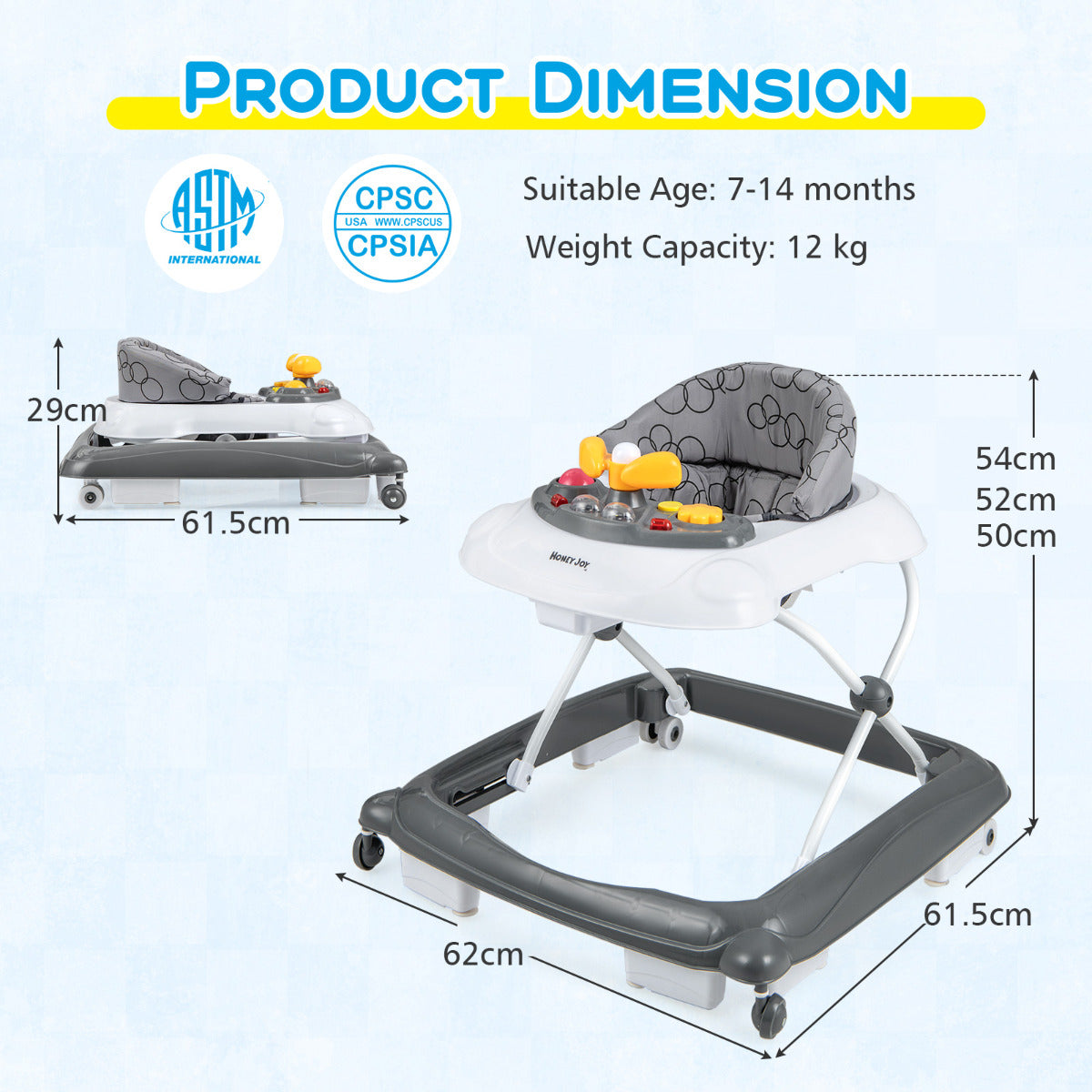 Adjustable Baby Walker | Music Tray & Lights | Grey Foldable