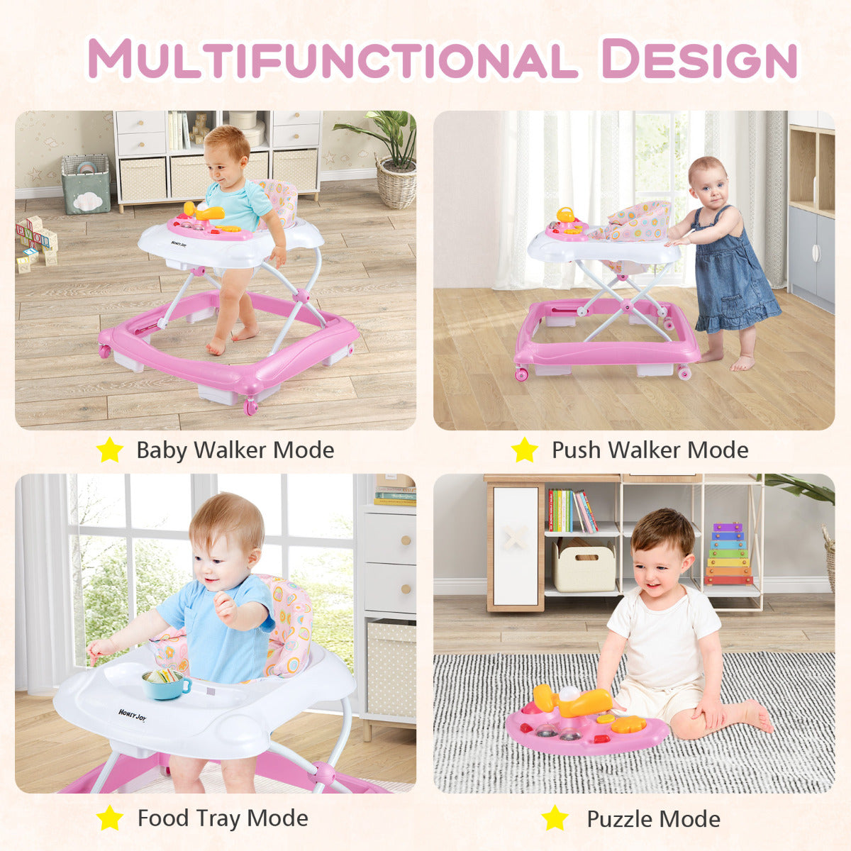 Pink Baby Walker | 3 Height Levels Music Tray Foldable Design