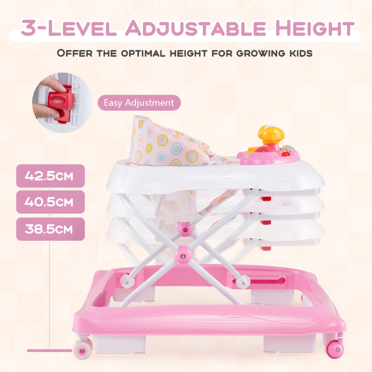 Pink Baby Walker | 3 Height Levels Music Tray Foldable Design