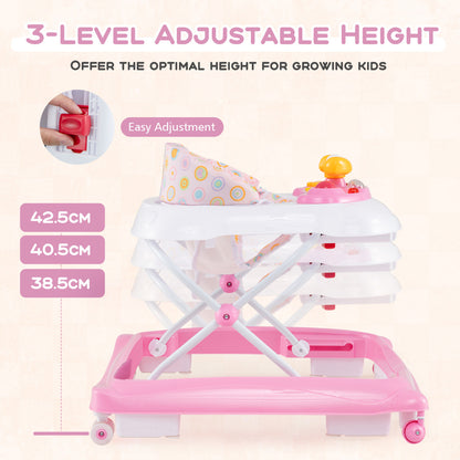 Pink Baby Walker | 3 Height Levels Music Tray Foldable Design