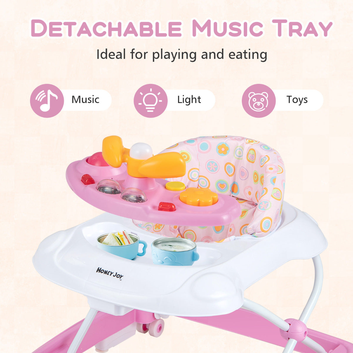Pink Baby Walker | 3 Height Levels Music Tray Foldable Design