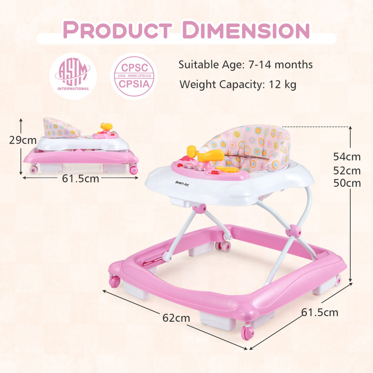 Pink Baby Walker | 3 Height Levels Music Tray Foldable Design