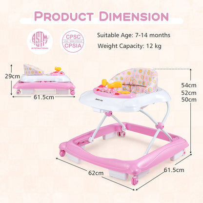 Pink Baby Walker | 3 Height Levels Music Tray Foldable Design