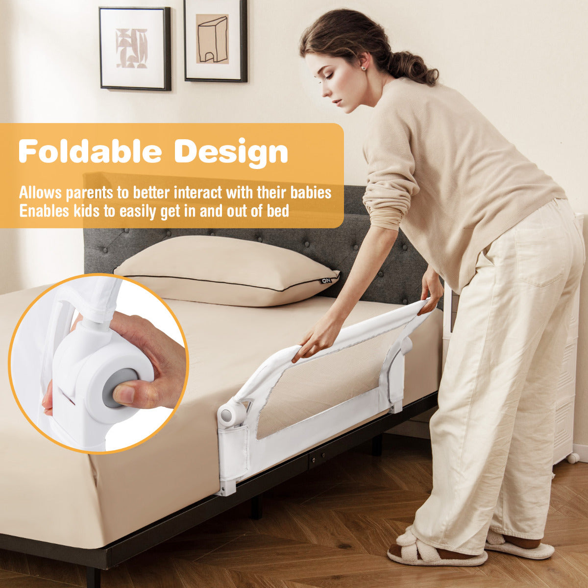Foldable White Toddler Bed Rail | Oxford Fabric Cover Mesh