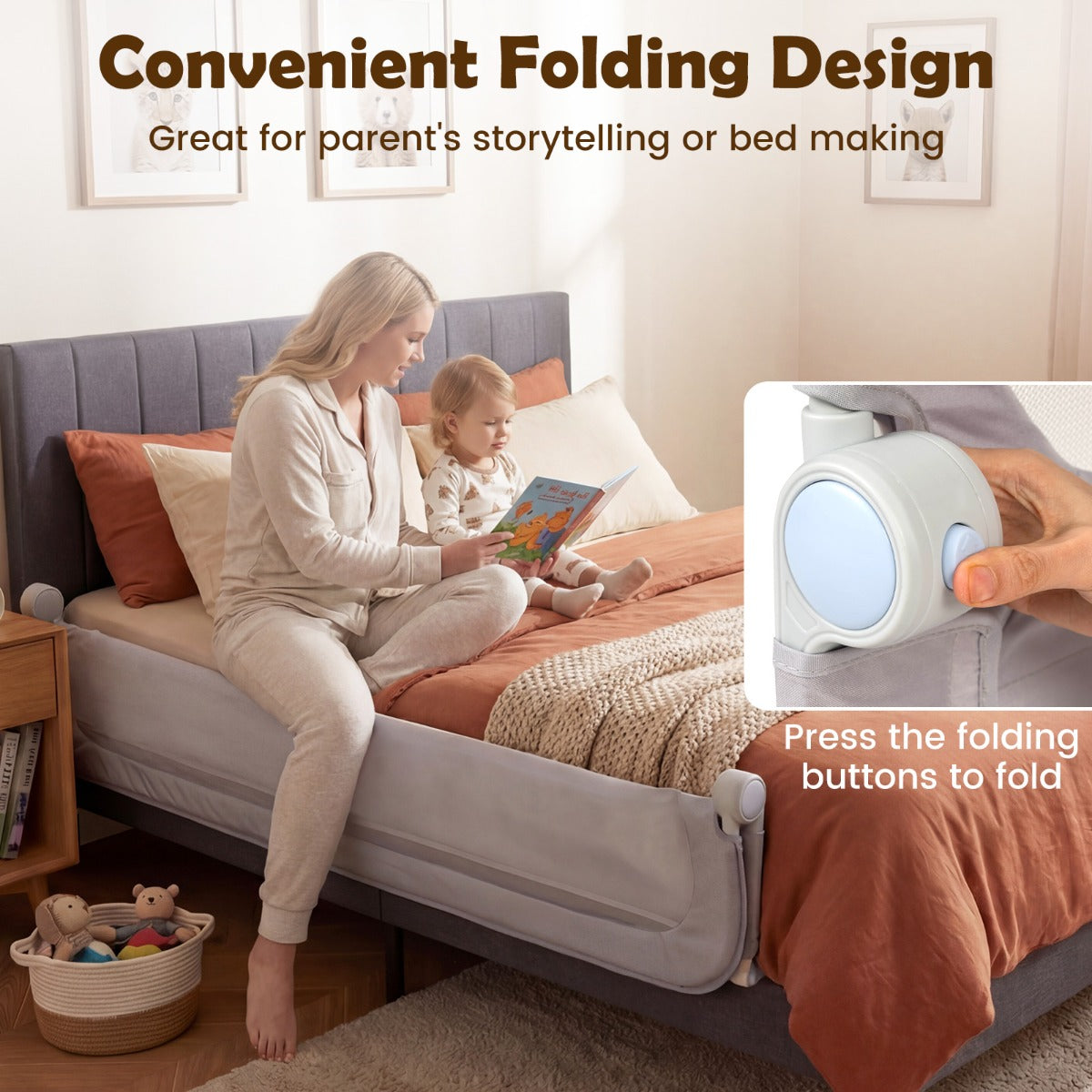 Foldable Bed Rail | Oxford Fabric Cover | U-Shaped Base Grey M