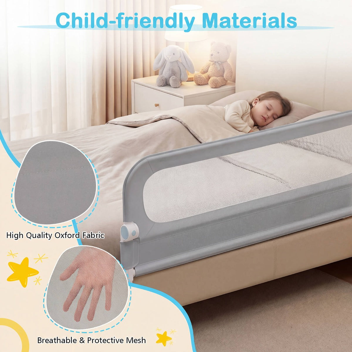 Foldable Bed Rail | Oxford Fabric Cover | U-Shaped Base | Grey