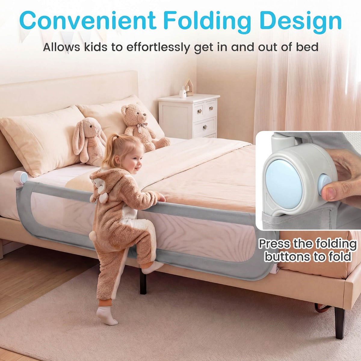 Foldable Bed Rail | Oxford Fabric Cover | U-Shaped Base | Grey