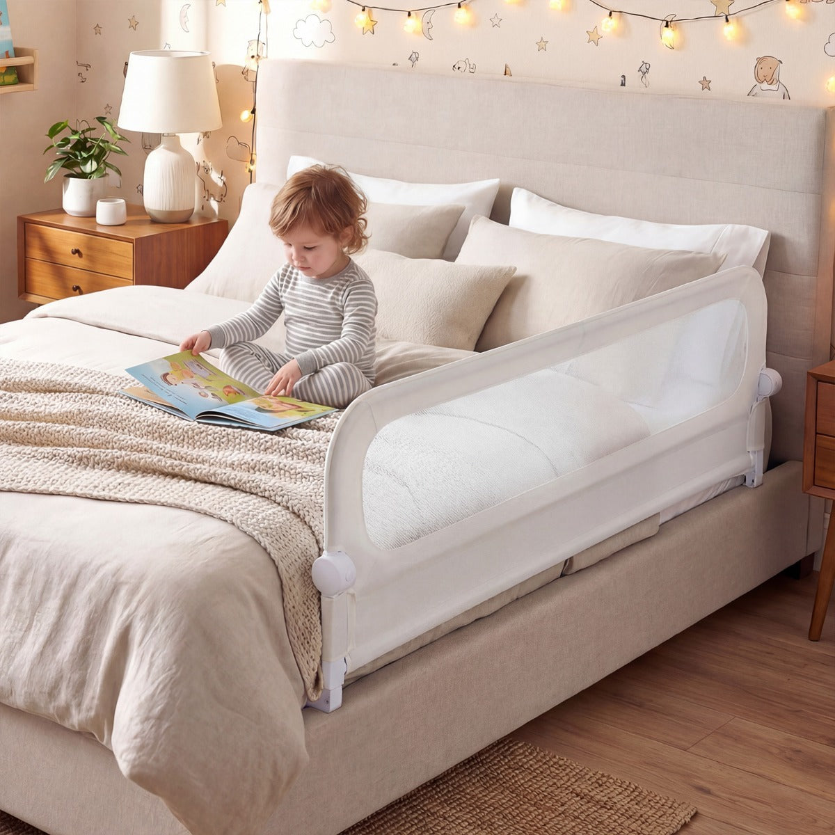 Foldable Bed Rail | 3 Height Adjustable | White Oxford Fabric