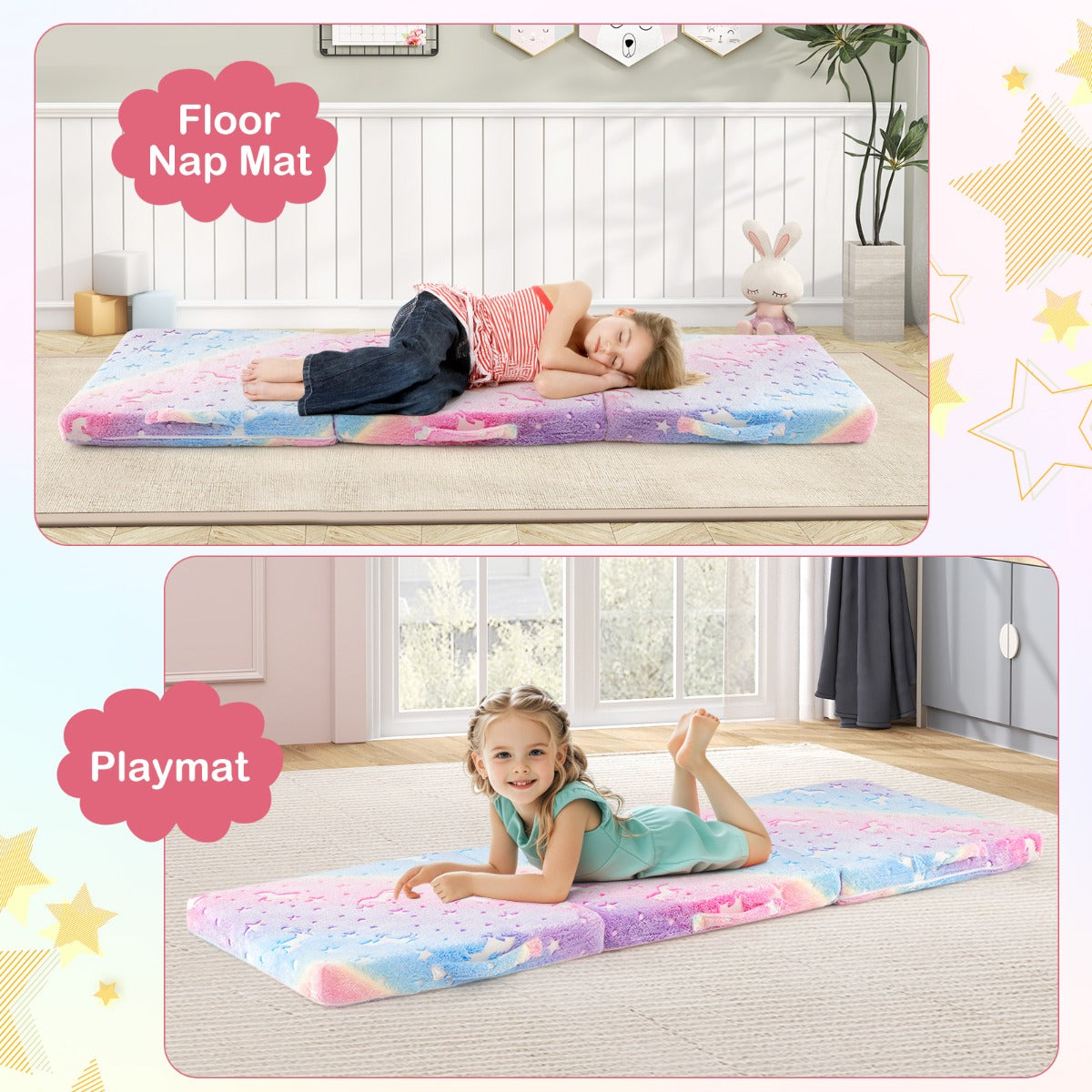 Tri-Fold Glow-in-Dark Floor Mattress | Pink Grey Colorful