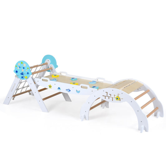 Foldable Jungle Gym with Arch and Ramp for Play Room-White