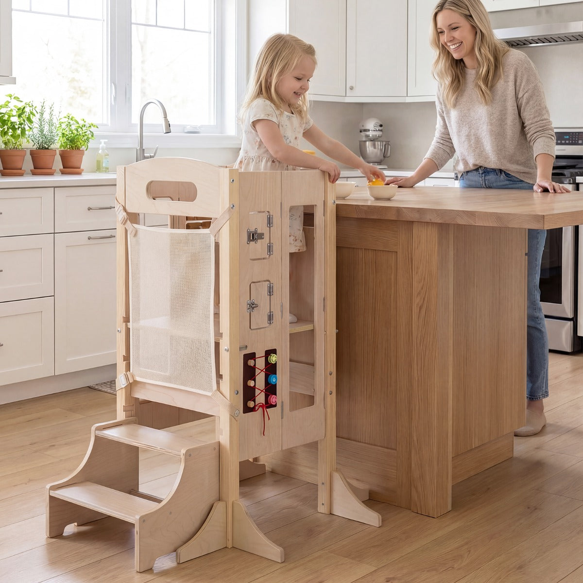 Costway Foldable Learning Tower Toddler Tower with Adjustable Height and Detachable Safety Net