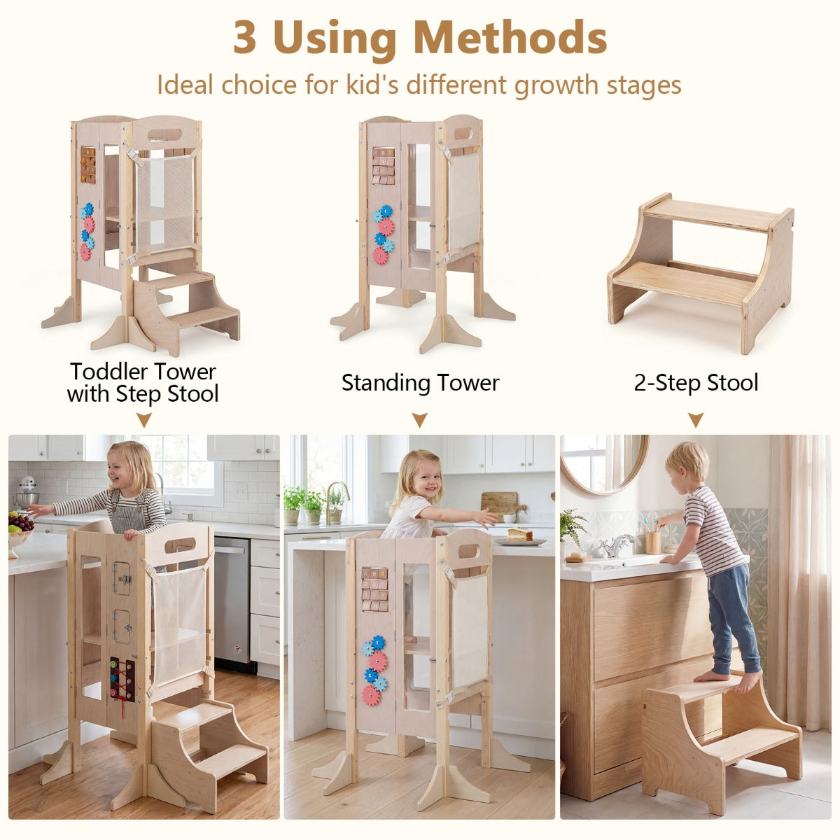 Foldable Toddler Learning Tower | Natural Wood Adjustable Height