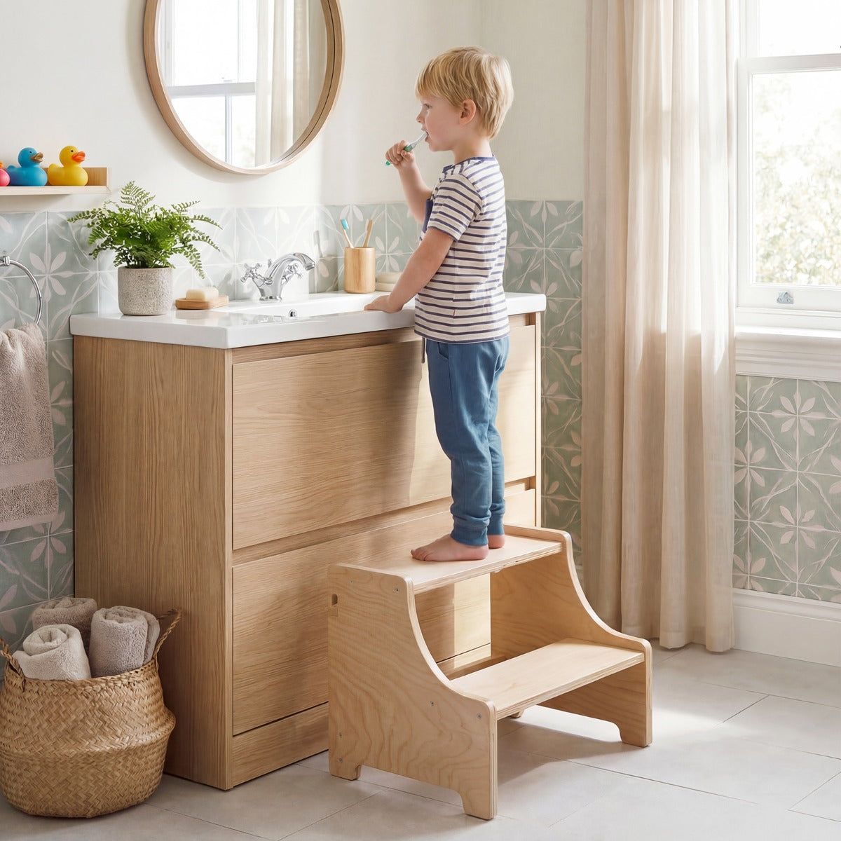 Foldable Toddler Learning Tower | Natural Wood Adjustable Height