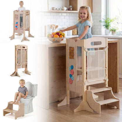 Foldable Toddler Learning Tower | Natural Wood Adjustable Height