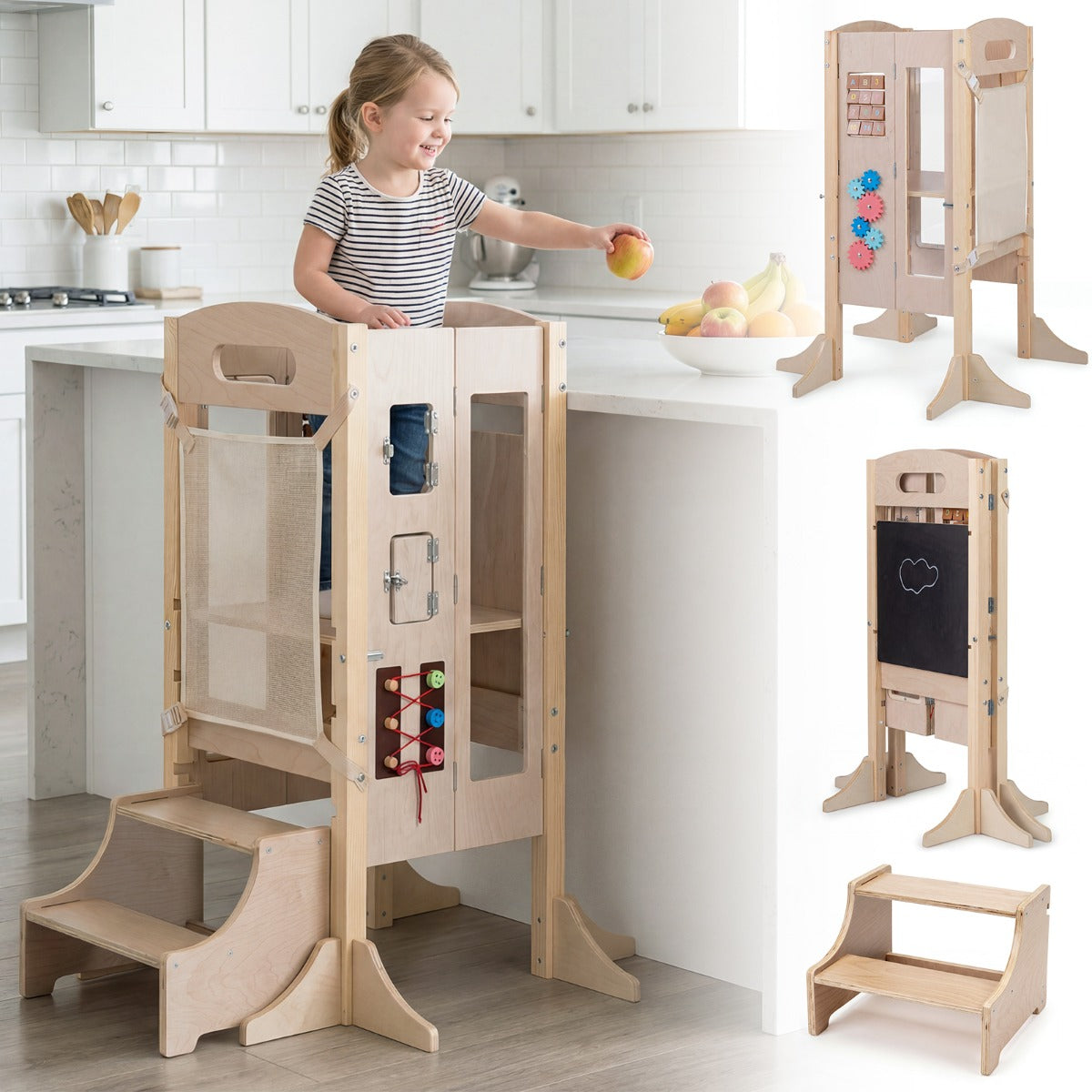 Foldable Toddler Learning Tower | Natural Wood Adjustable Height
