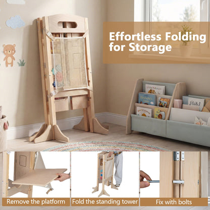 Foldable Toddler Learning Tower | Natural Wood Adjustable Height