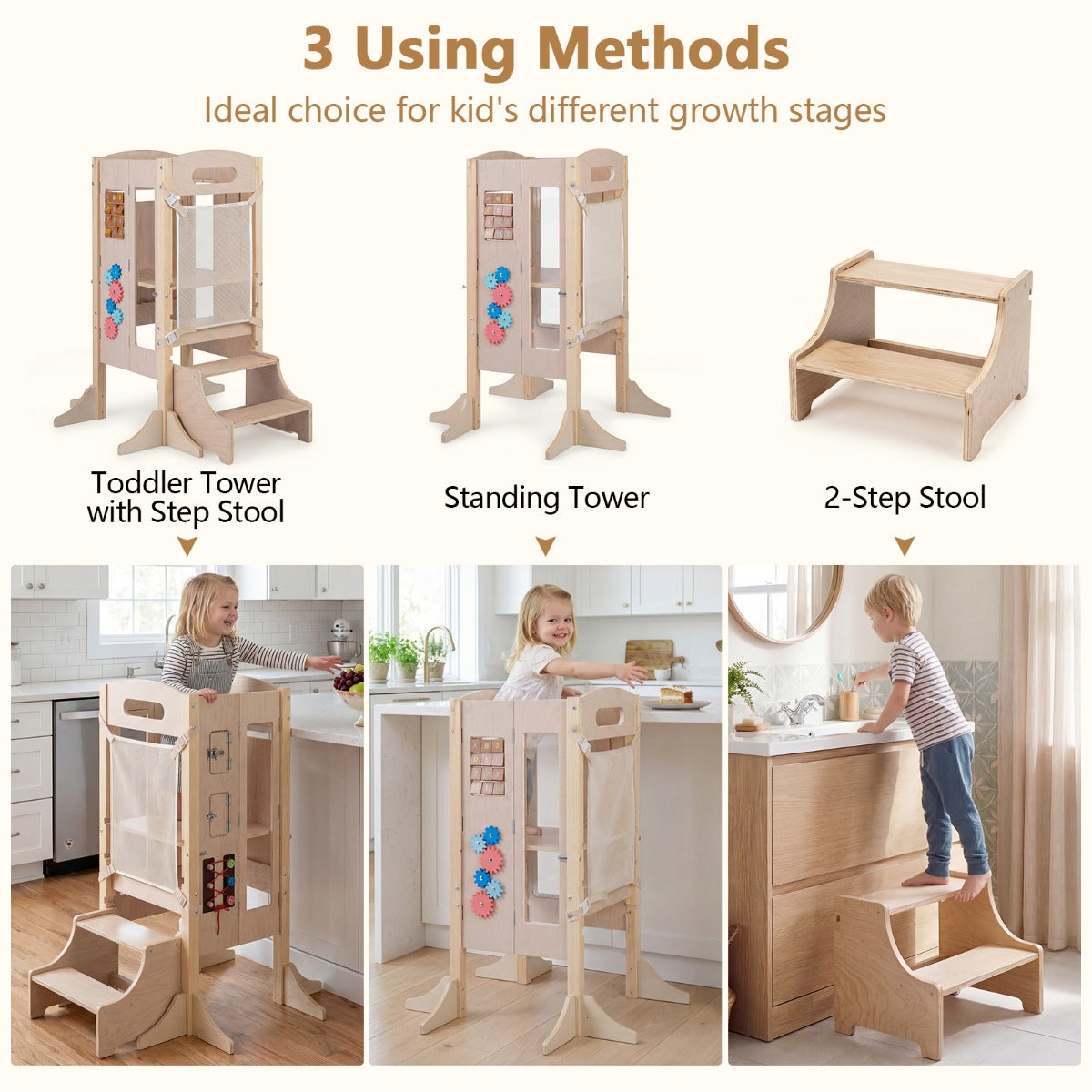 Foldable Toddler Learning Tower | Natural Wood Adjustable Height