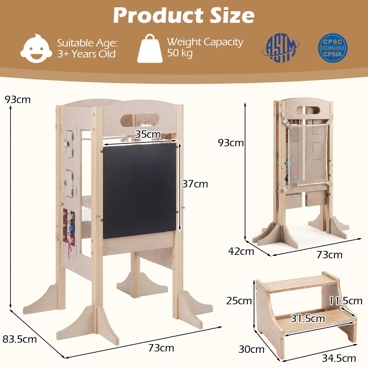Foldable Toddler Learning Tower | Natural Wood Adjustable Height
