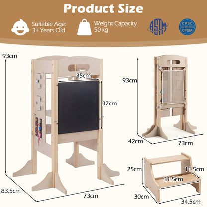 Foldable Toddler Learning Tower | Natural Wood Adjustable Height