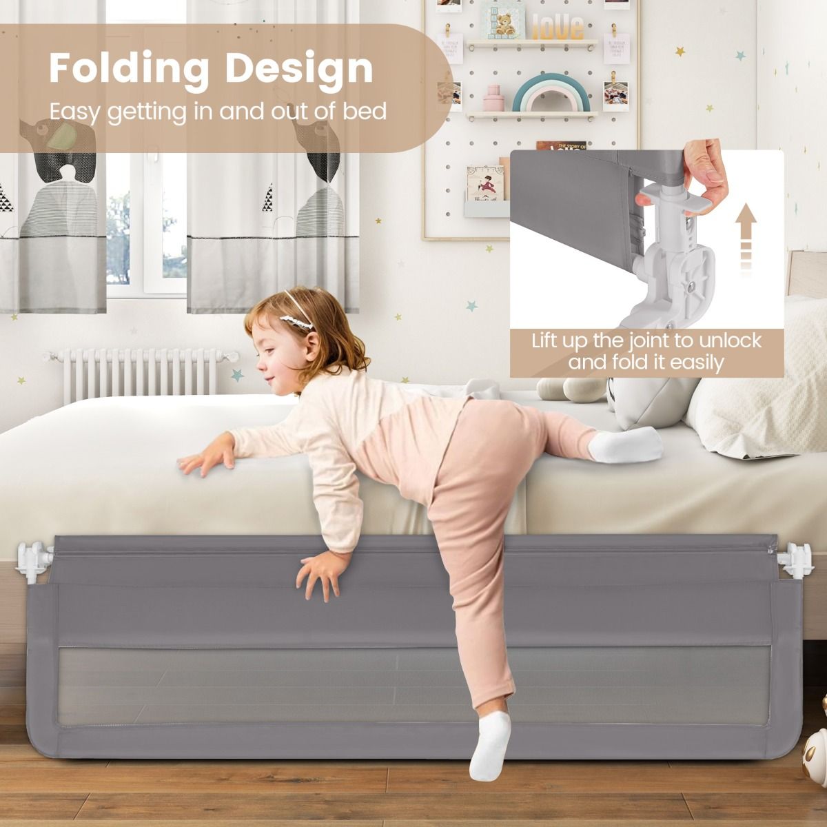 Foldable Toddler Bed Rail | Sleep Mesh Guard (Grey)